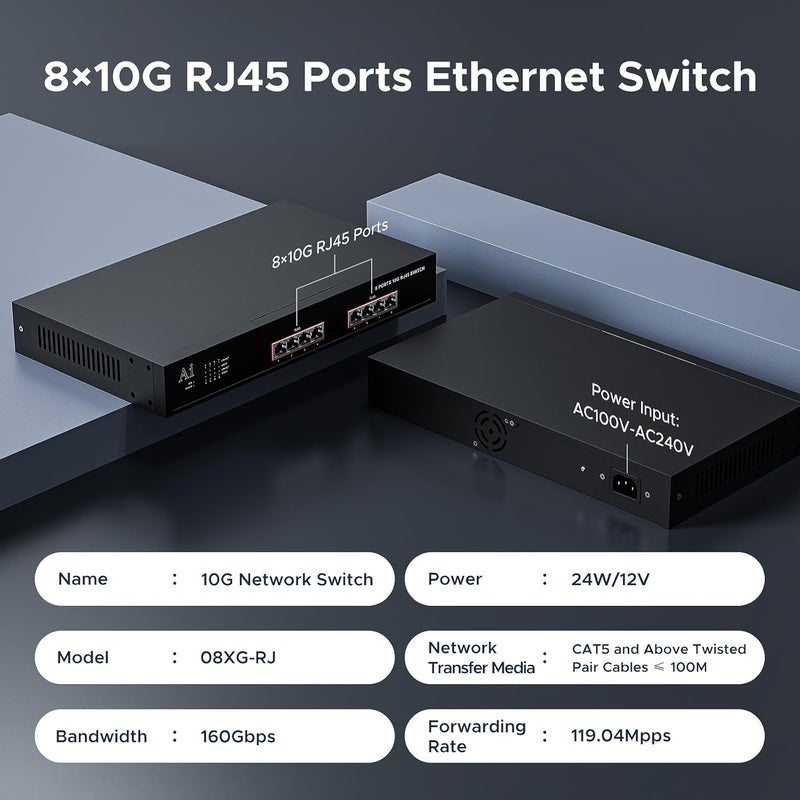 TEROW 8-Port 10G Ethernet Switch, 8 x 10Gb RJ45 Ports, Directly Connect cat 6 Network Cablet,Support 100/1000/10GMbps Auto MDI/MDIX, 160Gbps Switching Capacity,Plug and Play, Unmanaged Switch Rackmountable - Image 4